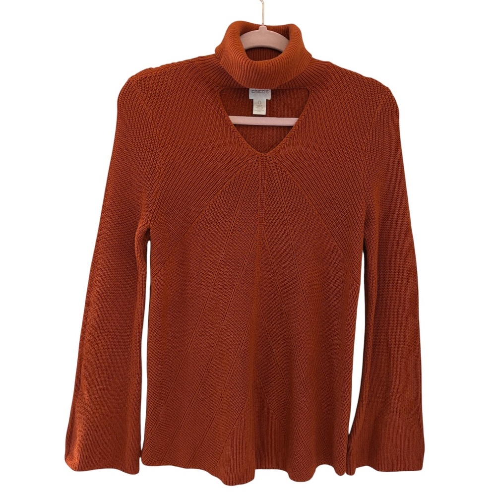 Chico’s Burnt Orange Cutout Turtleneck Flared Sleeve Sweater Size 0 (S/M) Boho